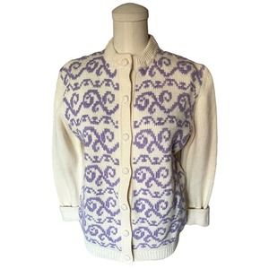 Vintage 50s 60s JOYCE Ivory Purple Swirl Knit Crewel Cardigan Wool Sweater